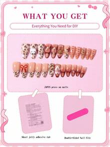 SANRIO 24片Y2K风格3D凝胶杏仁形豹纹法式美甲贴纸，包含可爱蝴蝶结和凝胶花朵装饰，金色珠子和金色凝胶线条设计，粉嫩少女风，完美搭配亚克力美甲套装，内含1瓶胶水和1个指甲锉，适合女性日常派对使用。 - 彩色 - 查看 5