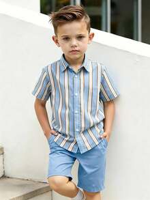 两件套时尚男童夏季套装，条纹衬衫和休闲短裤，男童服装套装，非常适合拍照 - 淺色水洗藍 - 查看 4