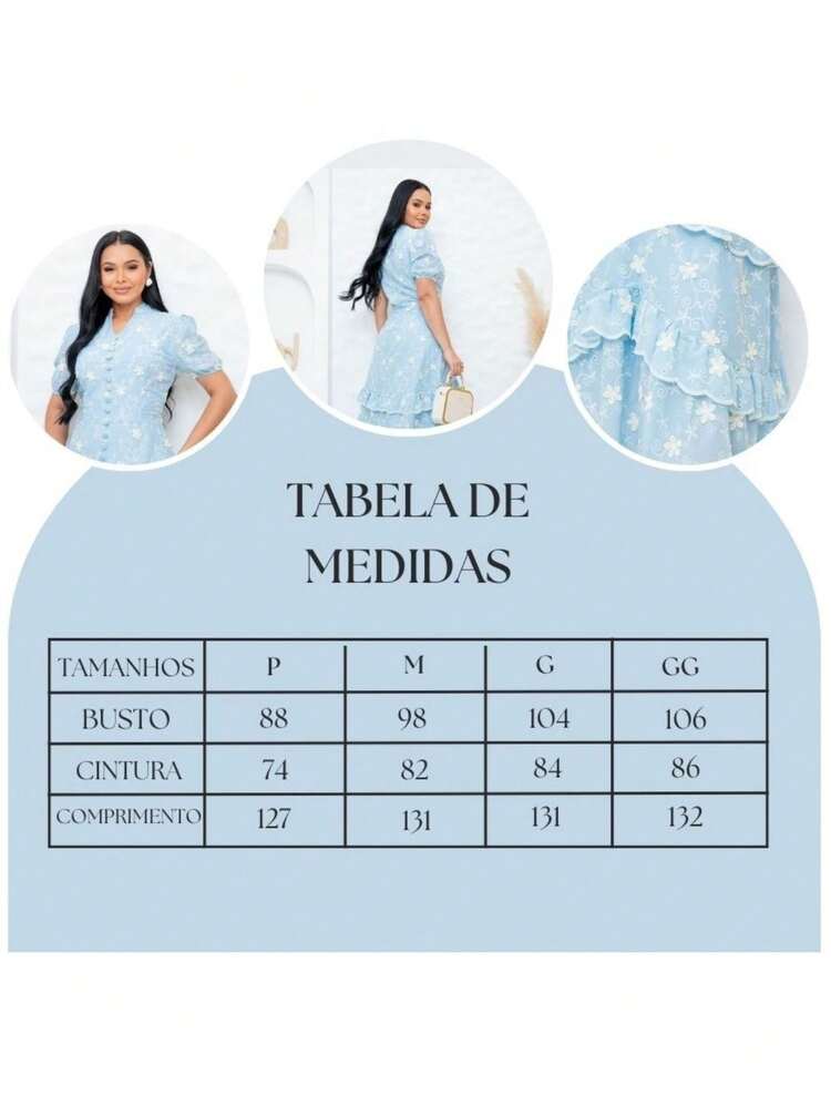 Women's Maxi Dress With Embroidered Appliqués, Puff Sleeves, Layered Skirt, V-Neck, Faux Buttons On The Bust, Elegant, Romantic And Perfect. - 淺藍色 - 查看 8