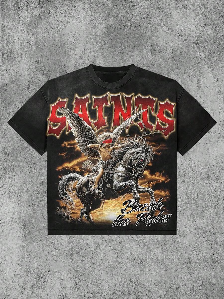 Saints Break The Rules Winged Knight Flame Distressed Oversized Graphic Tee Men's Short Sleeve Pure Cotton T-Shirt Loose Fit, Y2K Streetwear Vintage Casual Aesthetic Baggy 100% Cotton Pullover Gift - 黑色 - 查看 1