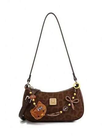  1pc Sanrio Hello Kitty Leopard Print Underarm Bag, Women's Fashion Shoulder Bag With Kitty Charm, Suitable For Daily Commute, Office, Birthday Gift, Holiday Gift, Christmas, Valentine's Day