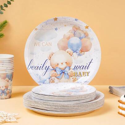 7/9 Inch Star Teddy Bear Disposable Tableware Set, Includes Paper Plates, Cups, Napkins, Suitable For Wedding, Engagement, Birthday Party, Wedding Reception