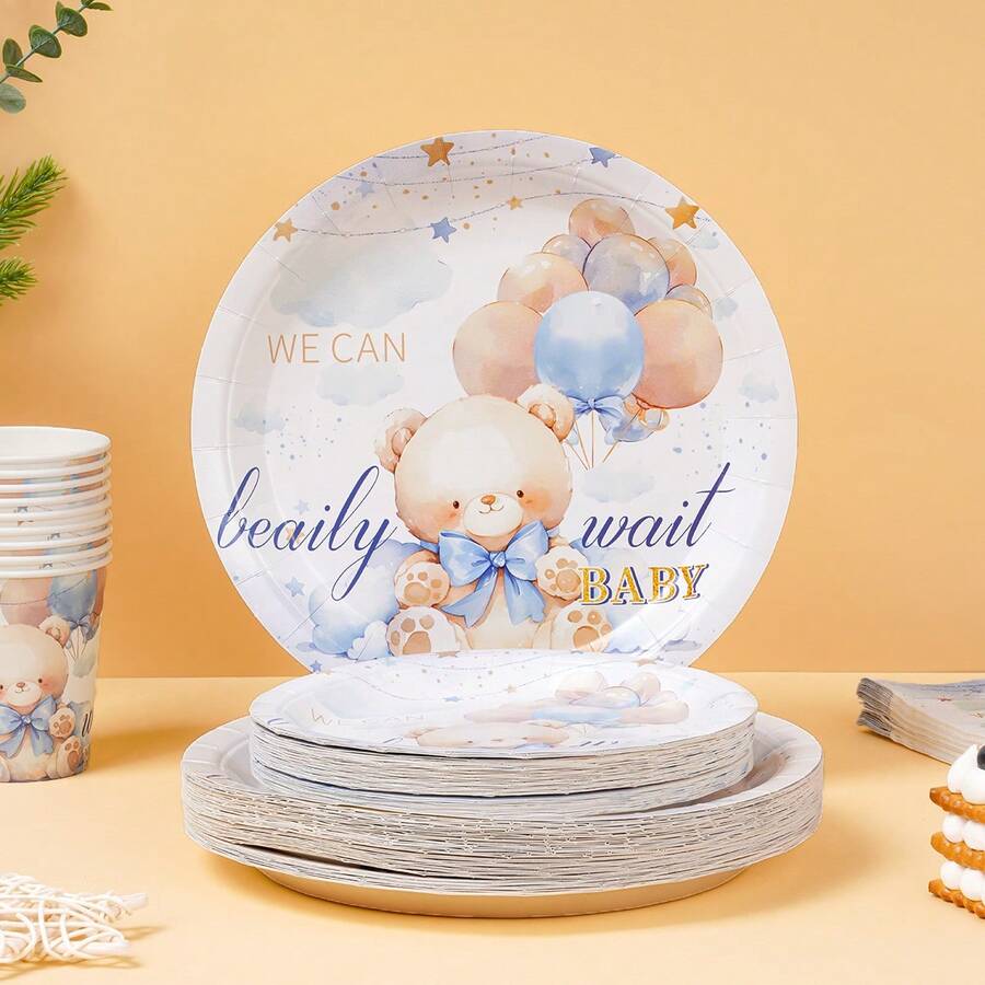 7/9 Inch Star Teddy Bear Disposable Tableware Set, Includes Paper Plates, Cups, Napkins, Suitable For Wedding, Engagement, Birthday Party, Wedding Reception - Multicolor - View 1