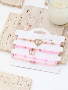 Set de 4 piezas de pulseras mexicanas de moda con Virgen María, pulseras de cuentas de cristal y cruz tejidas a mano para mujeres y niñas, accesorios de joyería - Rosa - Ver 3