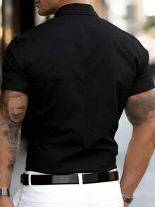 Áo sơ mi nam mặc nhà thoải mái, màu trơn, chất liệu mềm mại, cổ áo viền tương phản, tay ngắn, kiểu dáng thường ngày và bán trang trọng. - màu đen - Xem 6