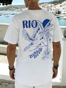 Fractyr 男士夏季时尚简约度假风椰树、沙滩、鹦鹉和里约元素印花圆领短袖T恤 | 百搭街头休闲上衣，男友/老公礼物 - 白色 - 查看 7