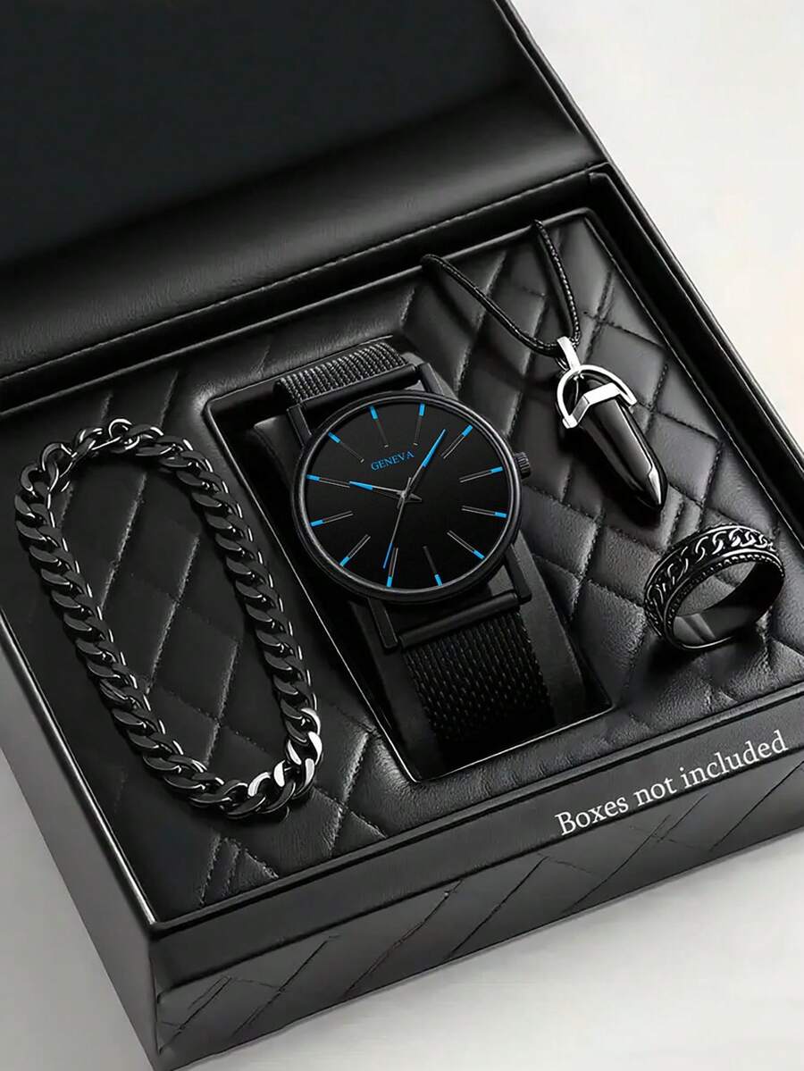 4 Stücke/Set lässige, modische ultradünne runde schwarze Legierungs-Armbanduhr, schwarzer Hexagon-Anhänger Halskette, Ring, Ketten-Armband Set, Legierungs-Mesh-Cut-Out-Design, batteriefrei, Geschenk für ihn zum Geburtstag, geeignet für Weihnachten, Geburtstag, Thanksgiving - Schwarz - Übersicht 1