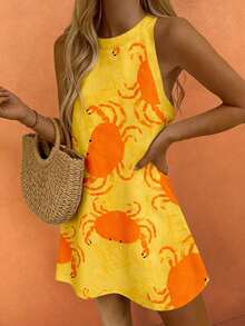Sea Starshine 2025 Women's Fashionable, Elegant And Sexy Sleeveless Yellow Random Crab Print Dress, Spring/Autumn - Yellow Orange - View 4