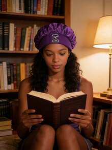 1pc Children's Smooth Satin Letter Print Sleep Cap, Fashionable & Comfortable, Breathable Anti-Slip, Daily Hair Care Cap - Purple - View 4