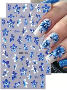 2 miếng dán móng tay họa tiết hoa ombre xanh dương, in hình cánh hoa dâm bụt xanh trắng, trang trí móng tay tự dính kiểu Y2K, dụng cụ làm móng. - Nhiều màu - Xem 8