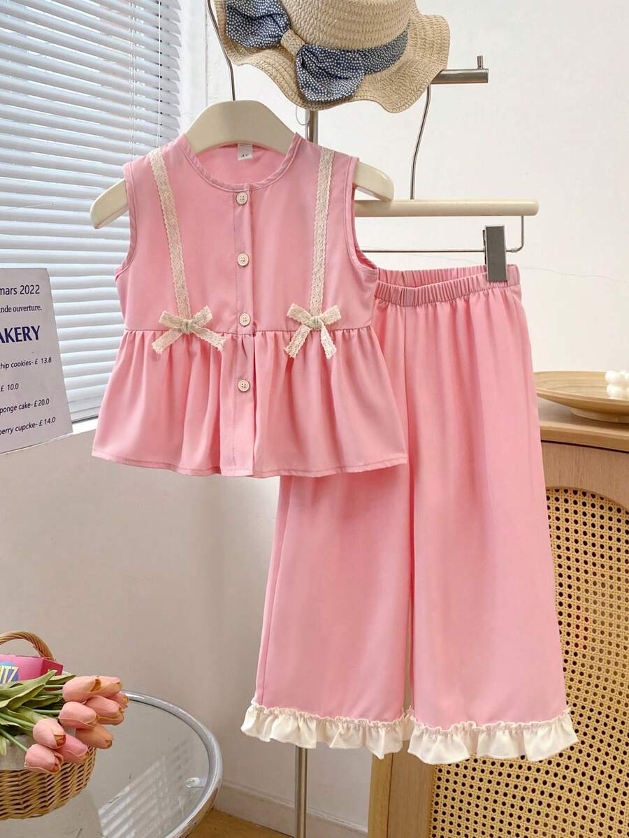 2 pezzi/set Completo estivo casual da ragazza con top a canotta con collo rotondo e fiocco decorativo e pantaloni a gamba ampia con volant, vestibilità morbida - Rosa - Visualizzare 1