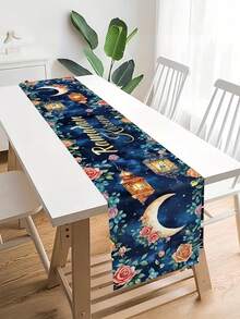 1pc Elegant Blue & Golden Eid Mubarak Table Runner | Moon Lanterns Flowers Design, Polyester Rectangle Table Cover, Islamic Muslim Party Table Decor, Perfect For Ramadan Kareem & Eid Al Adha Celebrations-13x35.4/47.2/63/72/78.7 Inch - Blue - View 4