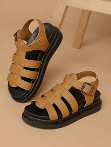 女士平底凉鞋，新款夏季厚底黑色凉鞋，罗马风格凉鞋，防滑百搭时尚休闲沙滩凉鞋 - 卡其色 - 查看 3