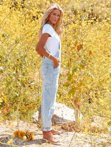 Quần yếm denim nữ màu xanh nhạt, không co giãn, kiểu dáng thường ngày. - Màu xanh nhạt - Xem 5