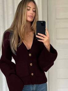 Women's Casual Elegant Vintage Gold Button Detail Open Front Long Sleeve Knit Cardigan, Solid Color Pockets, Suitable For Autumn/Winter Outfitting, Christmas, Thanksgiving, New Year Gift, Jacket, Thick Sweater Cardigan