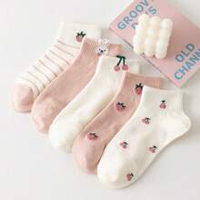 5双新款粉色水果图案袜子，女士短款透气棉袜，可爱日系白色休闲船袜，随机发货 - 彩色 - 查看 5