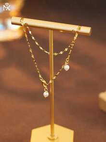 SYMFNY 1pc 925 Silver Bead Pendant Wavy Chain Bracelet - Yellow Gold - View 3