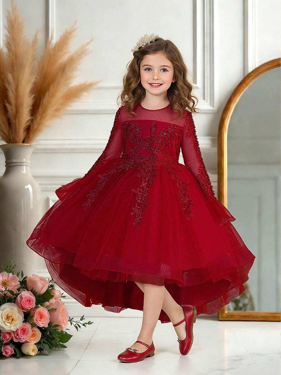 Long Sleeve Sequin Applique Tulle Elegant White Tailcoat Princess Dress, Suitable For Flower Girl, Wedding, Birthday Party, Without Headband - 酒紅色 - 查看 1