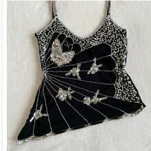 Women V Neck Sequin Cami Top .Y See Through Strape Camisole Cute Beaded Top Going Out Party Outfits - 黑色 - 查看 2