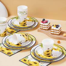 7/9英寸向日葵边一次性餐盘套装，派对餐盘，一次性纸盘，杯子，餐巾纸，适用于婚礼、订婚、生日、婚宴餐具 - 彩色 - 查看 4