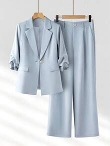 女士休闲通勤褶裥七分袖宽松单排扣西装外套及裤子套装，春夏款 - 淺藍色 - 查看 3