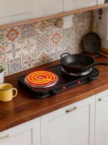 Placa calefactora eléctrica de doble horno de 2000 W, control de temperatura, fácil de limpiar, adecuada para cocinar, cocina portátil. - Negro - Ver 7