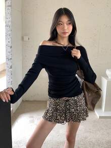 Open Shoulder Knit Sweater For Women, Slim Fit, Layering Top, Long Sleeve Dress, Autumn - Black - View 3