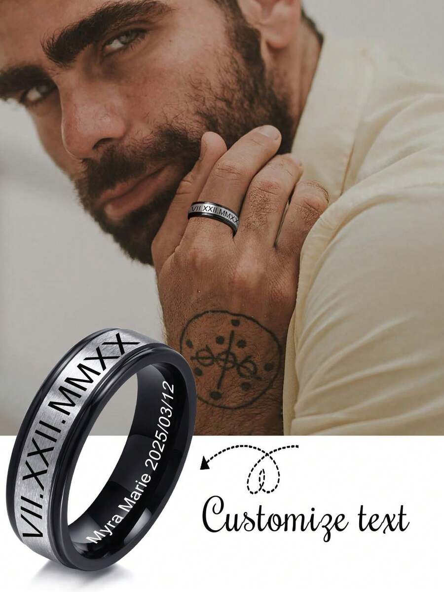 1pc Customized Text Stainless Steel Black & Silver Tone Unisex Fashion Ring, Personalized Gift For Girlfriend, Boyfriend, Parents, Family, Friends, Anniversary, Birthday, Graduation - Silver - View 1