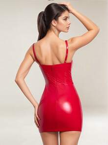 UNITHORSE Women's Christmas Atmosphere Mini Dress, Soft Wool Lining PU Comfortable Christmas Dress, Leather Texture Dress, Christmas Party Dress, Elegant Red Christmas Dress - Red - View 3