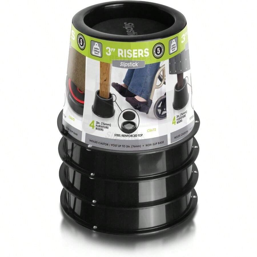 Slipstick CB672 - Elevadores de cama muebles con parte superior de soporte reforzada de acero 7.62 cm de altura paquete de 4 soporta 1197.5 kg negros apilables con CB671 - 3pulgadasnegras - Ver 1