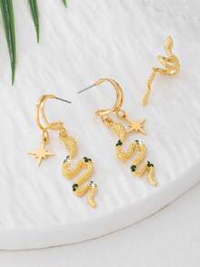 3 Peças/Conjunto Brinco Ear Cuff de Cobra Estilo Europeu e Americano, Conjunto de Brincos de Cobra com Hexagrama e Strass Verde, Brincos Personalizados Únicos Adequados para Mulheres, Adequados para Uso Diário, Reunião com Amigos, Sessão de Fotos de Moda, Decoração de Banquete, Decoração de Feriados