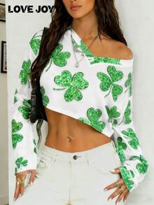 Áo croptop dài tay trễ vai LOVE JOYY dành cho nữ, kiểu dáng giản dị và thời trang, in họa tiết cỏ bốn lá bóng bẩy, phù hợp cho các bữa tiệc mùa xuân và những buổi đi chơi hàng ngày, áo thun dài tay nữ. - Nhiều màu - Xem 7