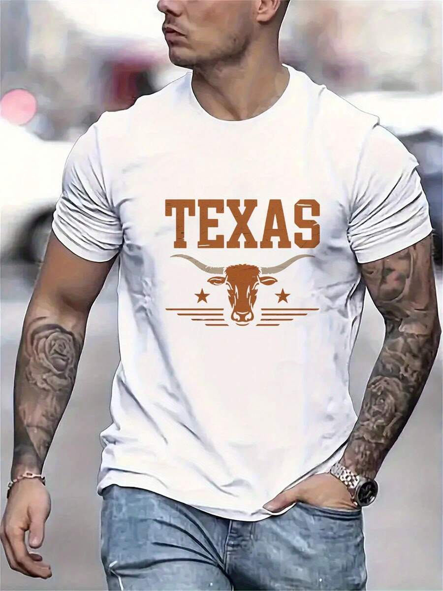 Men's Texas Longhorn Graphic T-Shirt - Texan State Pride Design With Bold LONGHORN Letters - Lightweight Summer Tee For Everyday & Special Occasions - Machine Washable Casual Shirt For - 白色 - 查看 1