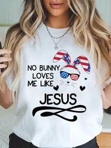 100% Algodón Camiseta Impresa No Bunny Loves me like Jesus Camiseta de Algodón para Verano, Top de Manga Corta Suave para Mujeres, Camiseta Estilosa y Cómoda para Mujeres Camisetas Gráficas - Blanco - Ver 6