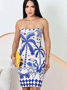 Fitted Dress With Toucan And Palm Tree Print, Beach Style, Spring And Summer, Vacation - 藍色 - 查看 5