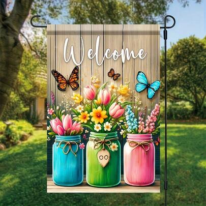 1 PIEZA Bandera de bienvenida al jardín con florero de mariposa y tulipán, 18x12 pulgadas, bandera de jardín, bandera de césped, bandera decorativa de doble cara para exteriores, decoración del hogar, decoración de exteriores, decoración del patio (asta de bandera no incluida)