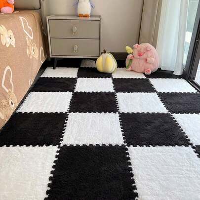 12 alfombras de espuma de felpa entrelazadas, suaves y esponjosas alfombras con acolchado, coloridas alfombrillas protectoras para el hogar, habitación de los niños, sala de juegos (blanco y negro,