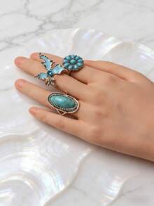20pcs/Set Vintage Elegant Bohemian Style Artificial Stone Rings, Casual Party Gift, Everyday Jewelry Accessories For Men & Women - 20 Blue Butterfly Water Diamond Head and Tail Rings - View 11