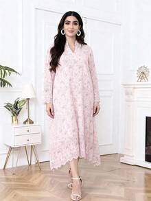 2026 New Style Ramadan Traditional Elegant Floral Embroidered Asymmetrical Ruffle Hem Dress, Modest Arabic Women Clothing - Pink - View 10