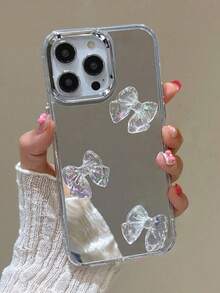 奢华3D激光蝴蝶结化妆镜手机壳，兼容 17 Pro Max、17 Pro、16 Pro Max、15、14 Pro、13、12 Pro、14、16 Plus、17 Air、11、13，电镀亚克力防震保护套 - 銀色 - 查看 4