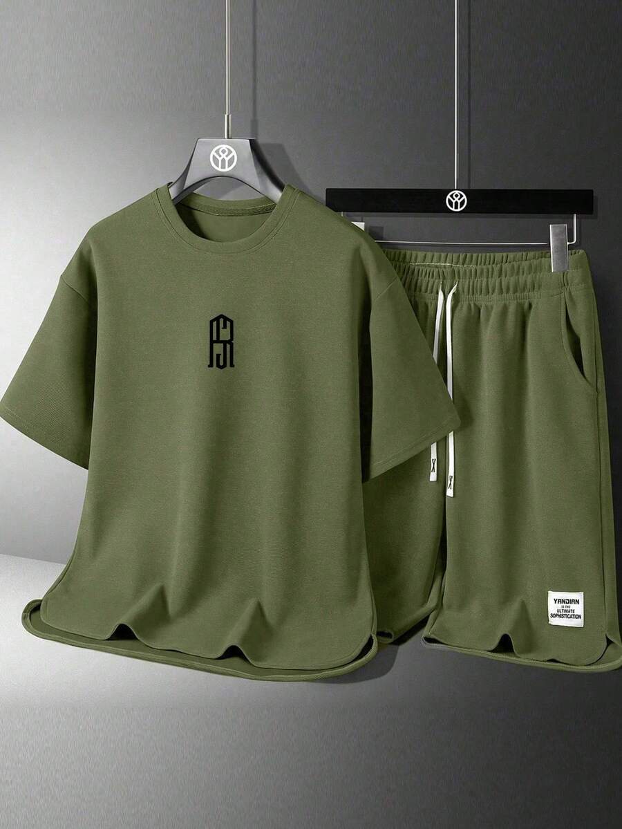 Setelan Kaos dan Celana Pendek Lengan Pendek Leher Bulat Warna Polos Bermotif, Menyerap Keringat, dan Bernapas untuk Remaja di Musim Panas - Hijau Tentara - View 1