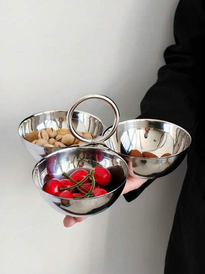 1 chiếc bát ăn nhẹ tròn 3 ngăn bằng thép không gỉ kiểu cổ điển, bát đựng trái cây khô bằng thép không gỉ sang trọng, đĩa đựng đồ ăn nhẹ/kẹo để bàn cà phê, đĩa khai vị.