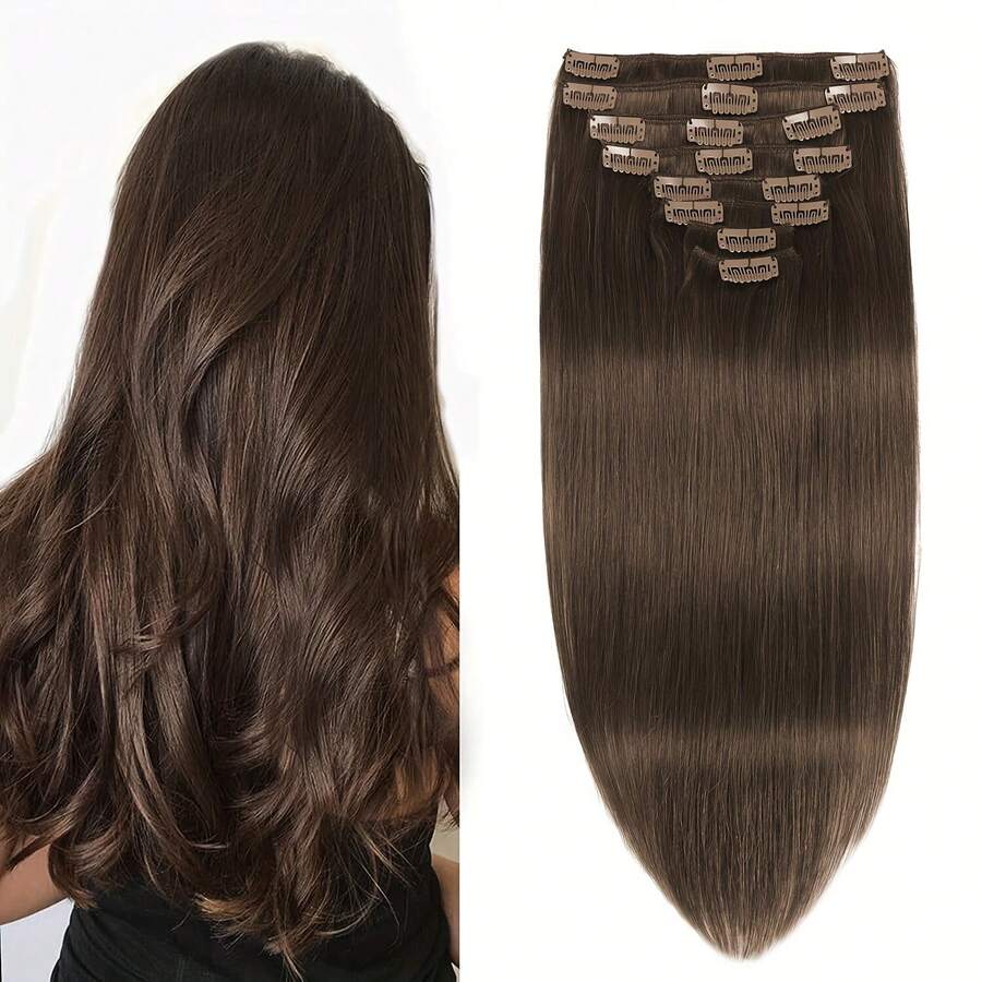 Chocolate Brown Hair Extensions Remy Straight Double Weft Real Hair Clip In Human Hair Brown #4 Chocolate Brown 8pcs  Clip-In Hair Extensions 14-28 Inch - S4 - Xem 1