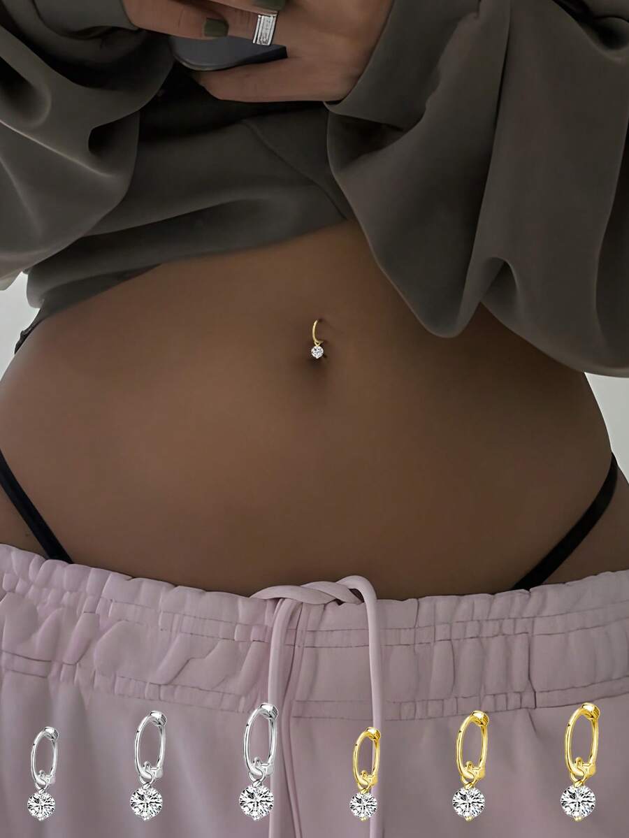 1件S925纯银肚脐环，6/8/10毫米时尚简约单颗锆石个性化肚脐穿刺饰品，女士款 - 單顆耳環配件 - 查看 1