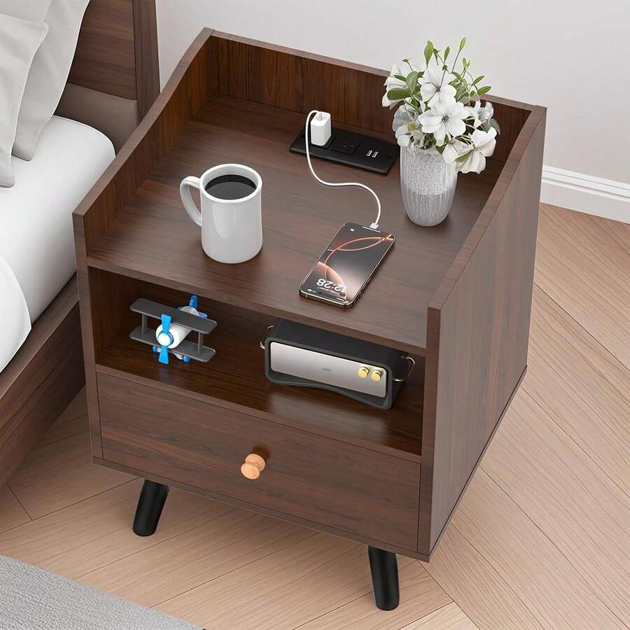 Mesita de Noche, Buró para Recamara, Vintage con Estación de Carga, 3 Niveles de Almacenamiento, 1 Cajones, Puertos USB y Tomas de Corriente - Buró Multifuncional para Dormitorio y Sala de Estar - 1 - Ver 1