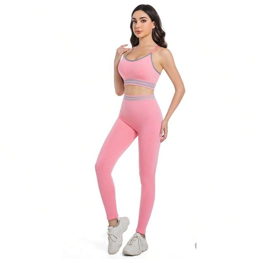 Conjunto de roupas de ioga - livre do mesmo estilo curto da mesma cor - Rosa chiclete - Visão 1