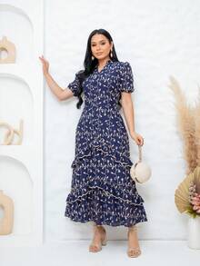 Women's Maxi Dress With Embroidered Appliqués, Puff Sleeves, Layered Skirt, V-Neck, Faux Buttons On The Bust, Elegant, Romantic And Perfect. - 藏蓝色 - 查看 7