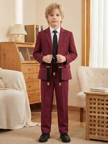 Conjunto de 4 piezas para niño, esmoquin para niño pequeño, atuendo formal, traje de pajecito, chaqueta, pantalones, corbata, traje formal, burdeos, talla 4-16 años - Burdeos - Ver 4
