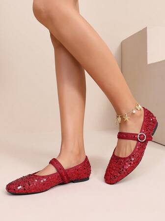 Women's Red Sequin Shiny Round Buckle Design One-Strap Simple Square Toe Flat Mary Jane Shoes, Suitable For Daily Wear, Walking, Work, Vacation, Party, Fashion Show, Can Be Paired With Jeans, Skirts, Dresses, Casual And Comfortable