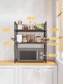1 pieza Estantería de cocina de doble capa con barandilla, estantería de almacenamiento de cocina multifuncional para horno microondas, panificadora, especias y artículos varios - Multicolor - Ver 1